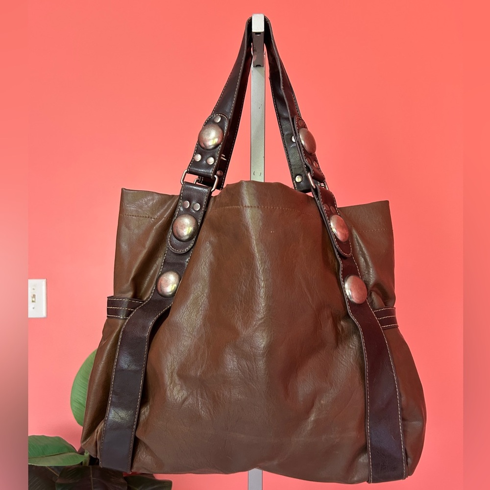 Bueno Large vegan leather brown tote with large silver stud accents